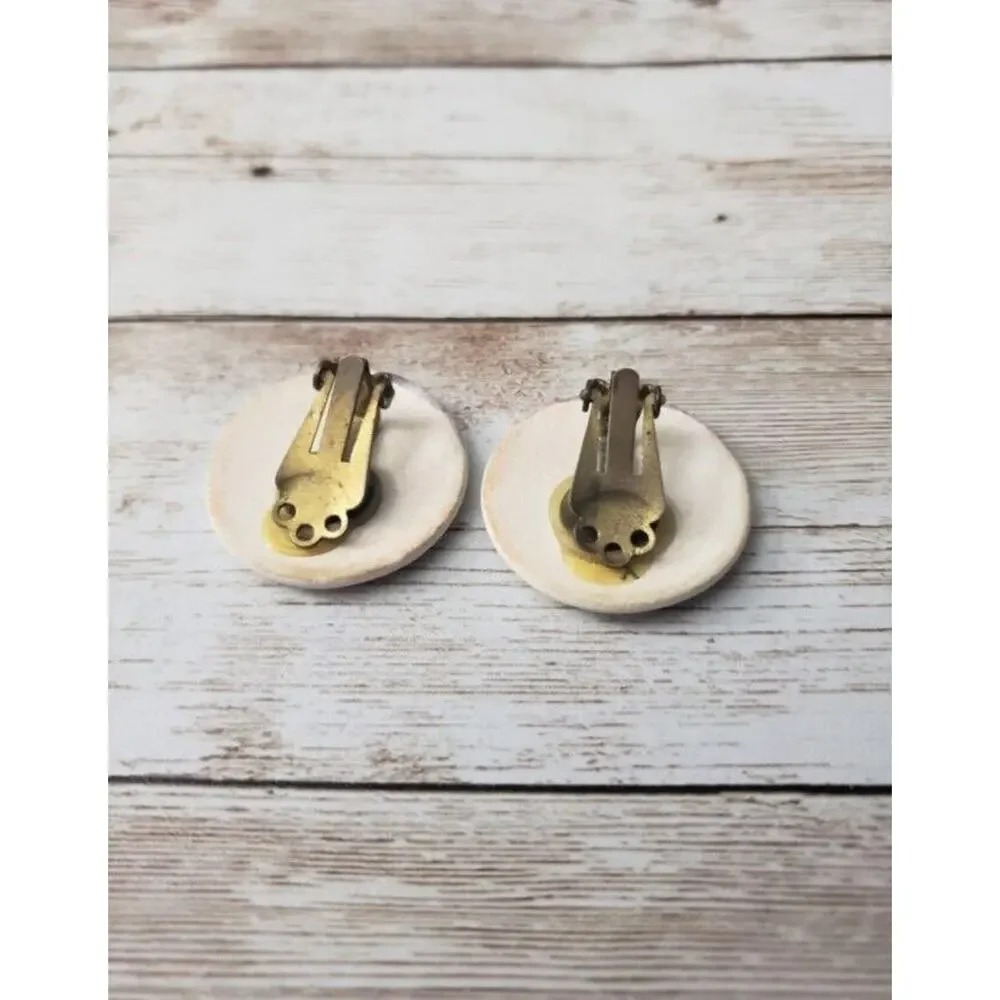 Vintage Clip On Earrings - Stunning Off White with Gold Tone & Pastel Design